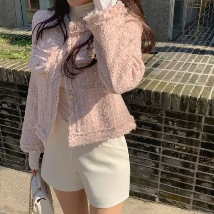 [BUNJANG] Twill Round Gold Button Pastel Semi-Crop Spring Outer Tweed Jacket / 트윌리 라운드 금장 숏 파스텔 세미 크롭 봄 간절기 아우터 트위드 자켓