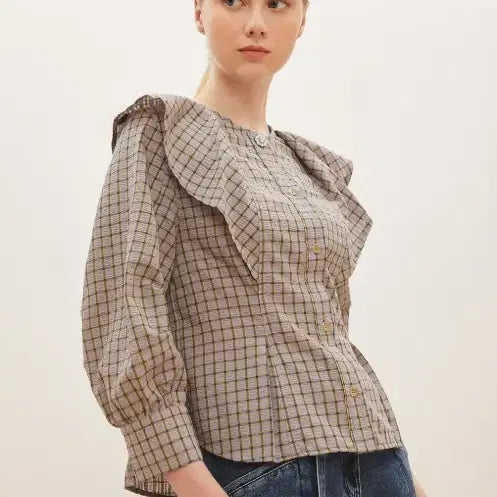 [BUNJANG] DEWL Check Frill Blouse Size 66 / 듀엘 DEWL 체크 프릴 블라우스 66사이즈
