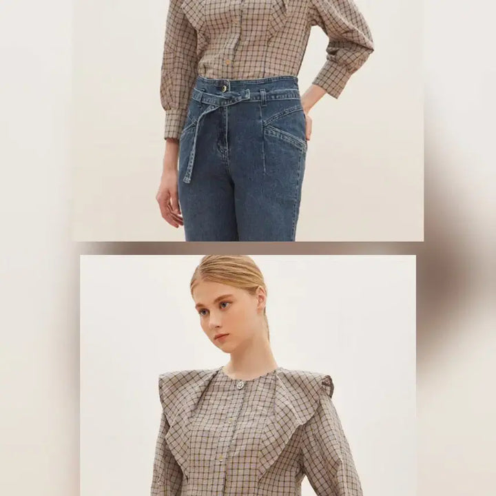 [BUNJANG] DEWL Check Frill Blouse Size 66 / 듀엘 DEWL 체크 프릴 블라우스 66사이즈