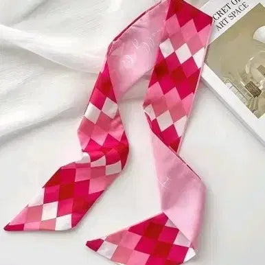 [BUNJANG] Pink Check Pattern Silk Scarf / 핑크 체크 패턴 실크 스카프  새상품
