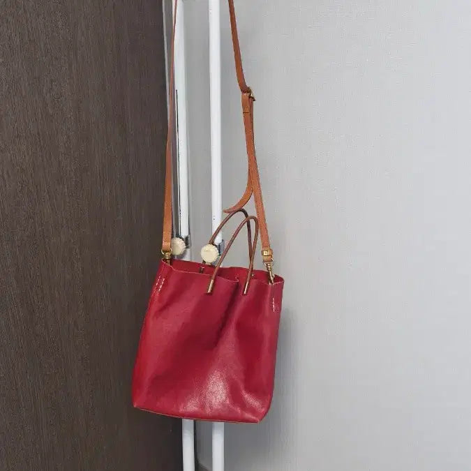 [BUNJANG] Handmade Red Leather Tote Shoulder Bag / 핸드메이드 레드 가죽 토트백 숄더백 수28x24x27