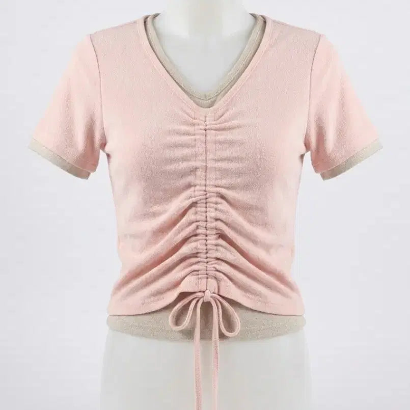[BUNJANG] Pink Beige Shirred Short Sleeve T-shirt / 핑크 베이지 셔링 반팔 티셔츠