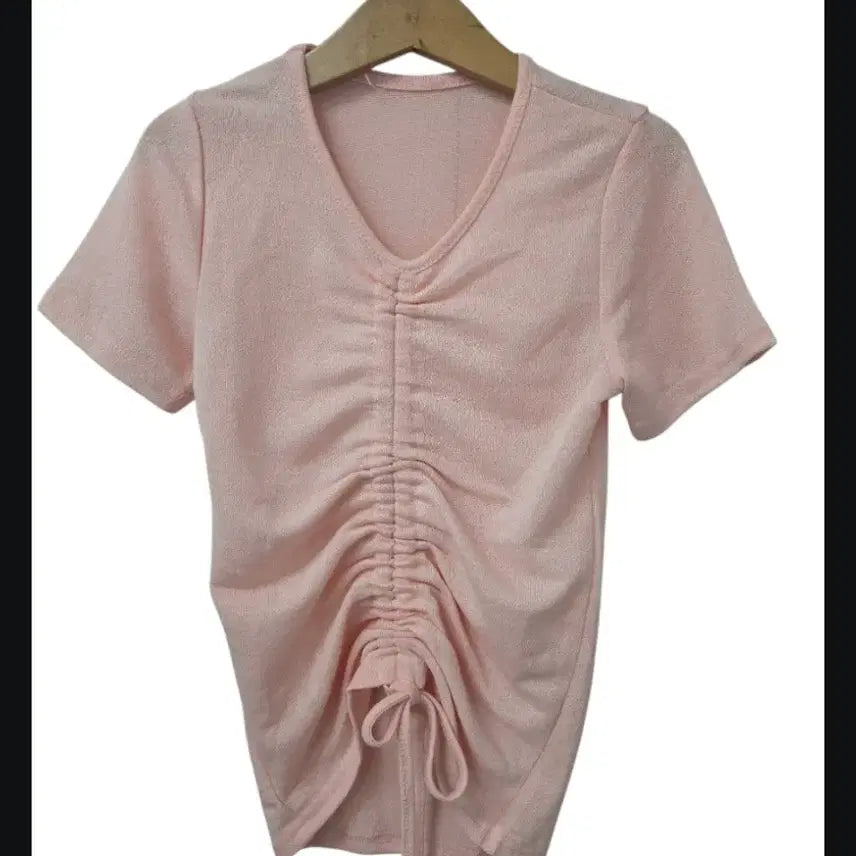 [BUNJANG] Pink Beige Shirred Short Sleeve T-shirt / 핑크 베이지 셔링 반팔 티셔츠