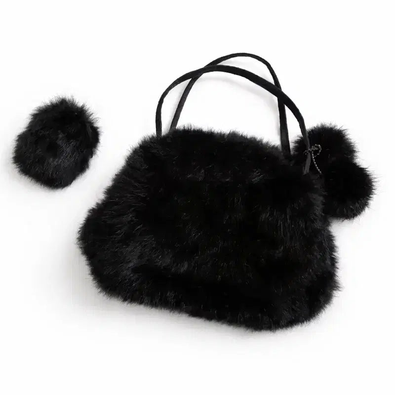 [BUNJANG] Vintage Black Fur Mini Handbag Set / 빈티지 블랙 퍼 미니 핸드백 / 퍼폼폼 세트