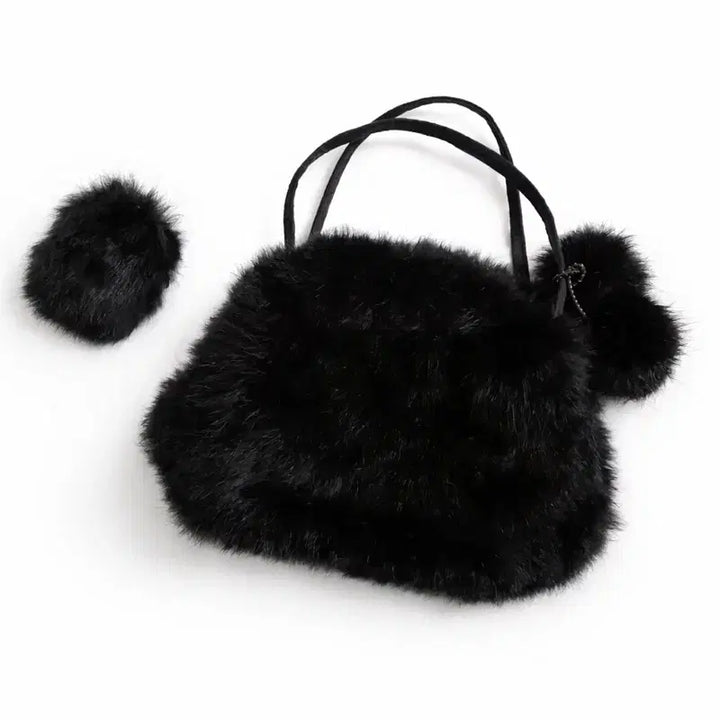 [BUNJANG] Vintage Black Fur Mini Handbag Set / 빈티지 블랙 퍼 미니 핸드백 / 퍼폼폼 세트