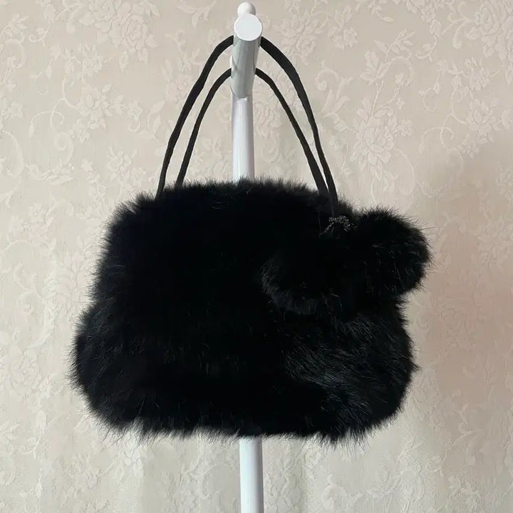 [BUNJANG] Vintage Black Fur Mini Handbag Set / 빈티지 블랙 퍼 미니 핸드백 / 퍼폼폼 세트