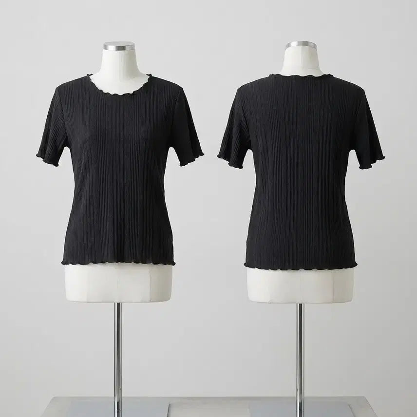 [BUNJANG] Wave Neckline Black Ribbed Short Sleeve T-shirt / 물결넥 골지 반팔 티셔츠 블랙