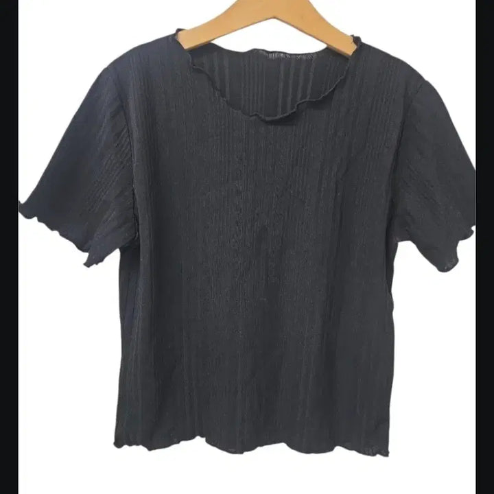 [BUNJANG] Wave Neckline Black Ribbed Short Sleeve T-shirt / 물결넥 골지 반팔 티셔츠 블랙