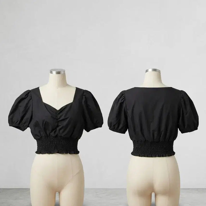 [BUNJANG] Black Puff Sleeve Crop Blouse / 블랙 퍼프 반팔 크롭 블라우스