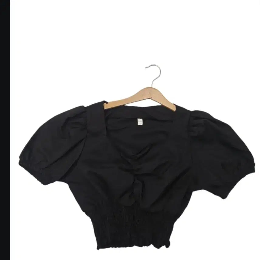 [BUNJANG] Black Puff Sleeve Crop Blouse / 블랙 퍼프 반팔 크롭 블라우스