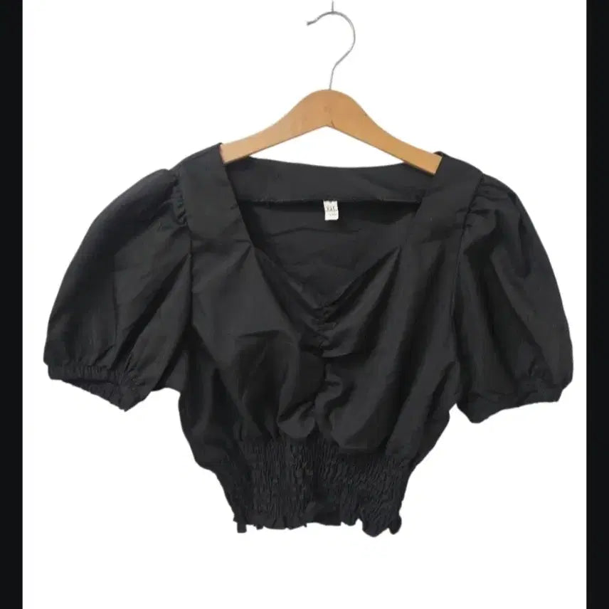 [BUNJANG] Black Puff Sleeve Crop Blouse / 블랙 퍼프 반팔 크롭 블라우스