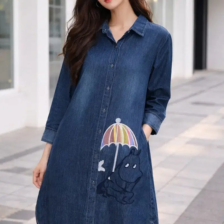 [BUNJANG] Moomin Embroidered Denim Shirt Dress / 무민 자수 데님 셔츠 원피스