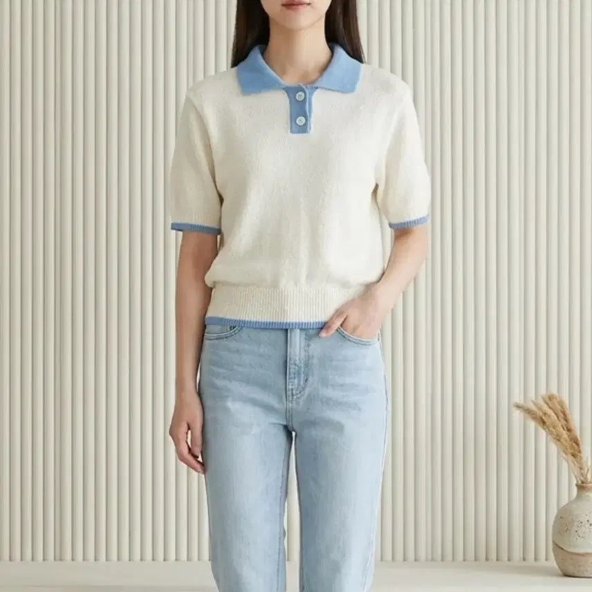 [BUNJANG] 8Seconds Color Block Collar Knit Top / [S]에잇세컨즈 배색 칼라넥 반팔니트