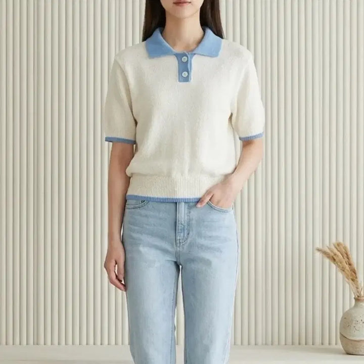 [BUNJANG] 8Seconds Color Block Collar Knit Top / [S]에잇세컨즈 배색 칼라넥 반팔니트