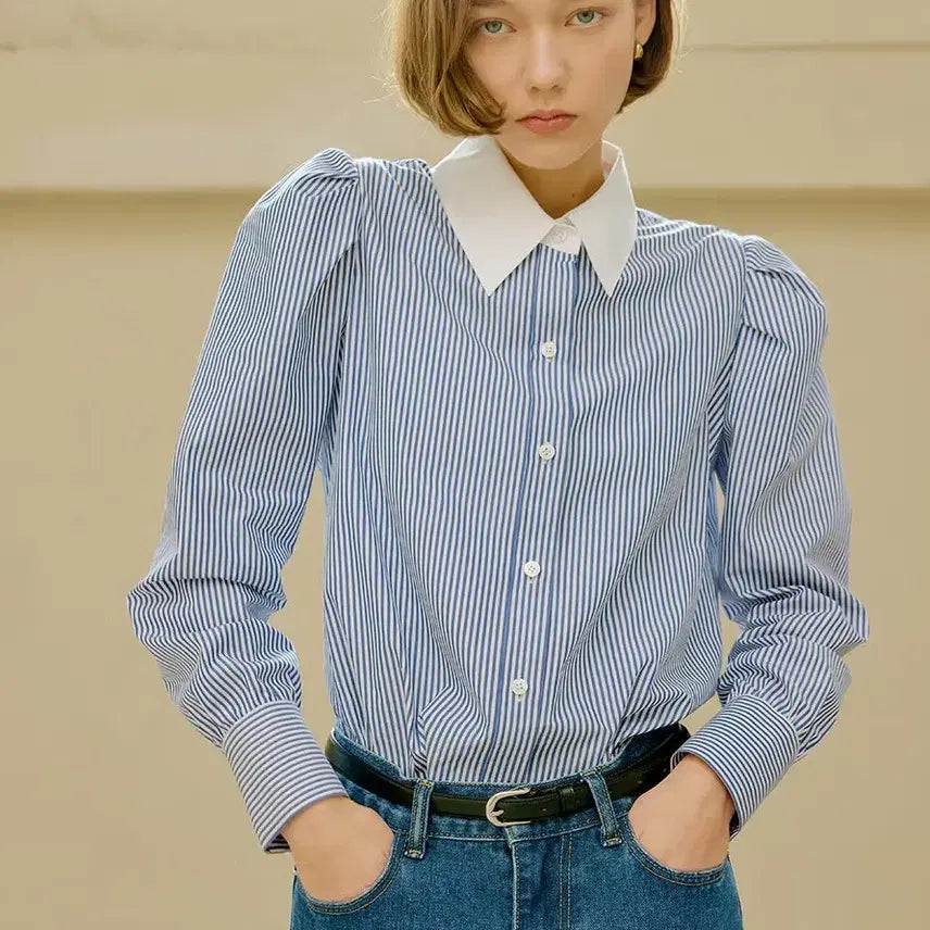 [BUNJANG] Lookast Blue Claire Stripe Blouse / 룩캐스트 블루 클레어 스트라이프 블라우스
