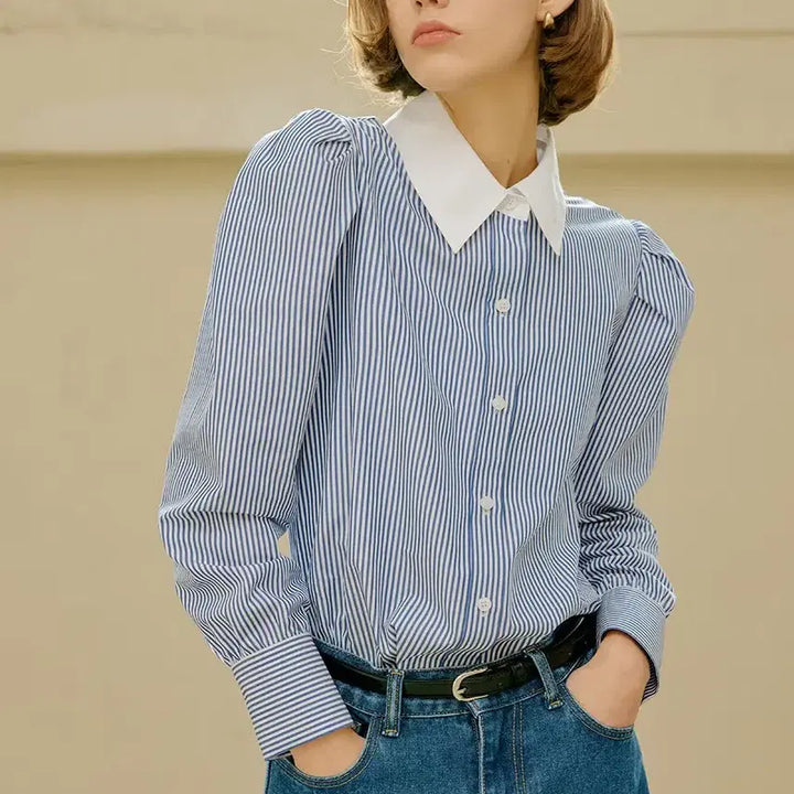 [BUNJANG] Lookast Blue Claire Stripe Blouse / 룩캐스트 블루 클레어 스트라이프 블라우스