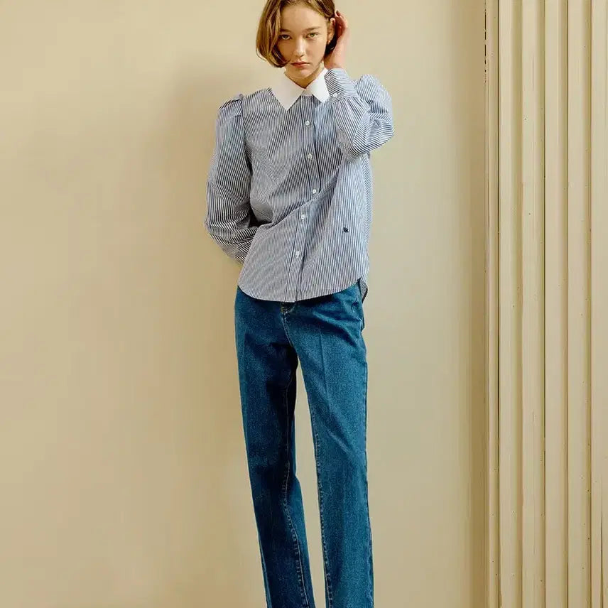 [BUNJANG] Lookast Blue Claire Stripe Blouse / 룩캐스트 블루 클레어 스트라이프 블라우스