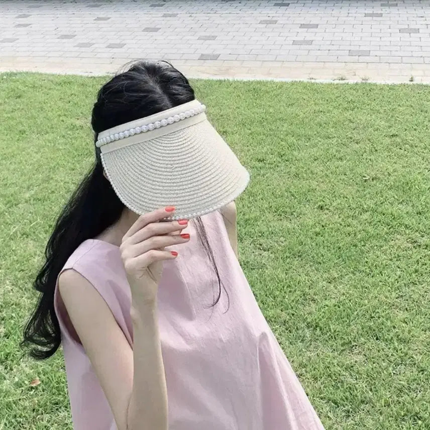 [BUNJANG] Rattan Sun Cap Summer Hat / 진주 장식 라탄 썬캡 모자 여름 모자 바캉스 모자