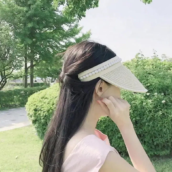 [BUNJANG] Rattan Sun Cap Summer Hat / 진주 장식 라탄 썬캡 모자 여름 모자 바캉스 모자