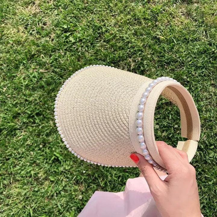 [BUNJANG] Rattan Sun Cap Summer Hat / 진주 장식 라탄 썬캡 모자 여름 모자 바캉스 모자