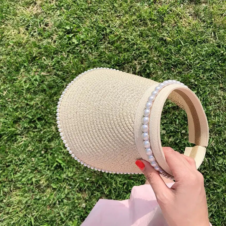 [BUNJANG] Rattan Sun Cap Summer Hat / 진주 장식 라탄 썬캡 모자 여름 모자 바캉스 모자