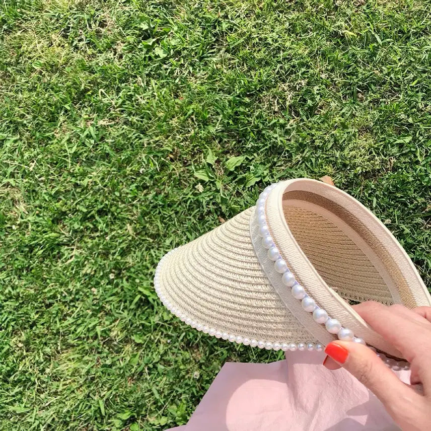 [BUNJANG] Rattan Sun Cap Summer Hat / 진주 장식 라탄 썬캡 모자 여름 모자 바캉스 모자