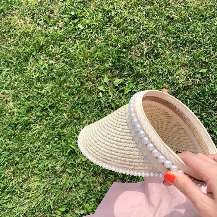 [BUNJANG] Rattan Sun Cap Summer Hat / 진주 장식 라탄 썬캡 모자 여름 모자 바캉스 모자