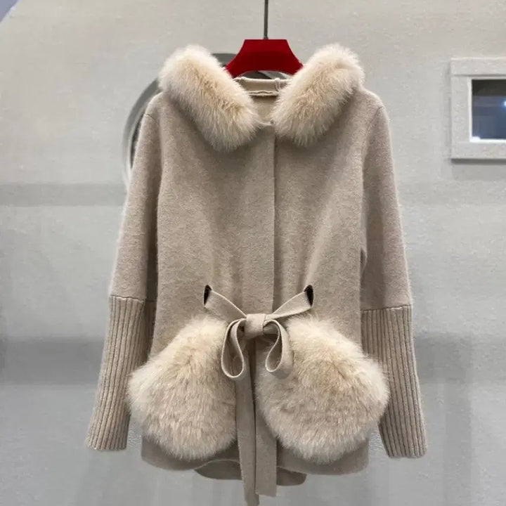 [BUNJANG] Fox Fur Collar Knit Cardigan Jacket / 폭스 퍼 카라 니트 가디건 자켓