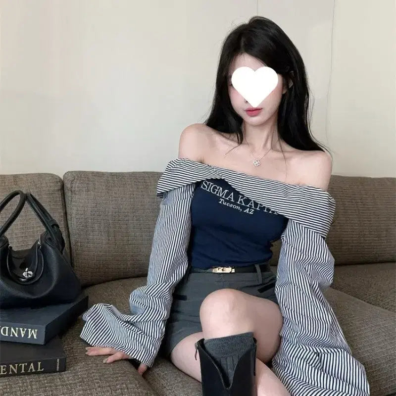 [BUNJANG] Striped Off-Shoulder Blouse / 스트라이프 오프숄더 블라우스