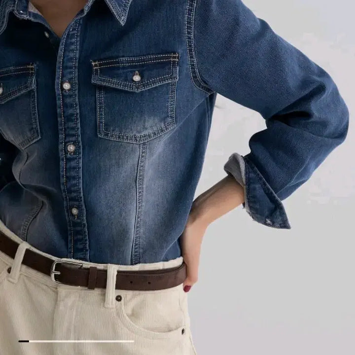 [BUNJANG] 8 Seconds Corduroy Detail Denim Shirt (S) / 에잇세컨즈 골 텍스처 데님 셔츠 골덴셔츠 데님셔츠 S 새상품