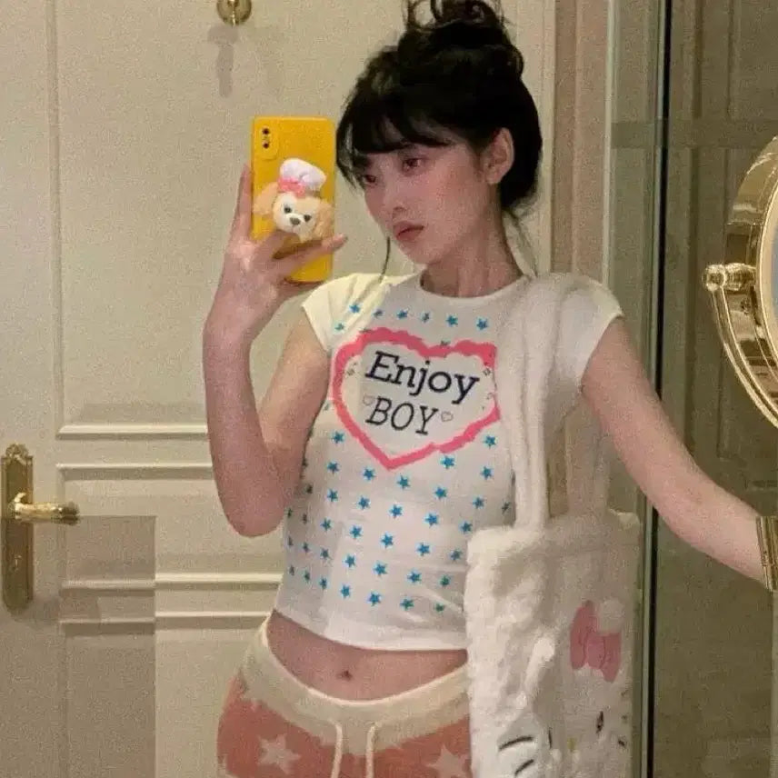 [BUNJANG] Enjoy Star Heart Printed T-shirt / 엔조이 스타 하트 프린팅 반팔티