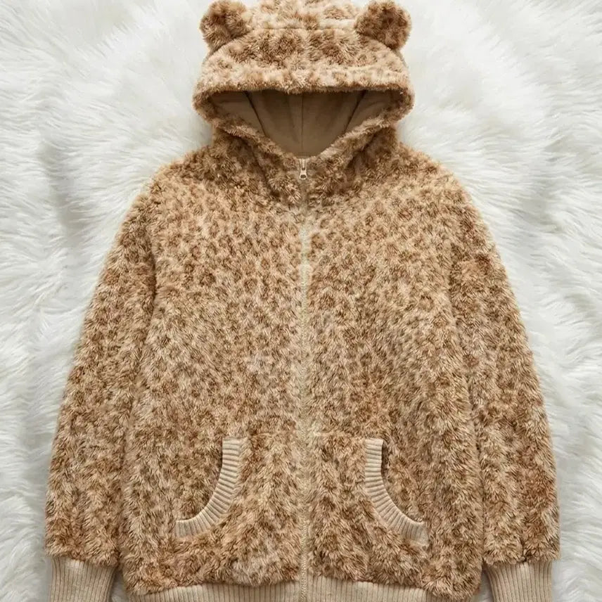 [BUNJANG] COLZA Leopard Print Kumamimi Fleece Hooded Jacket / 콜자 COLZA 호피 쿠마미미 후리스 후드집업자켓