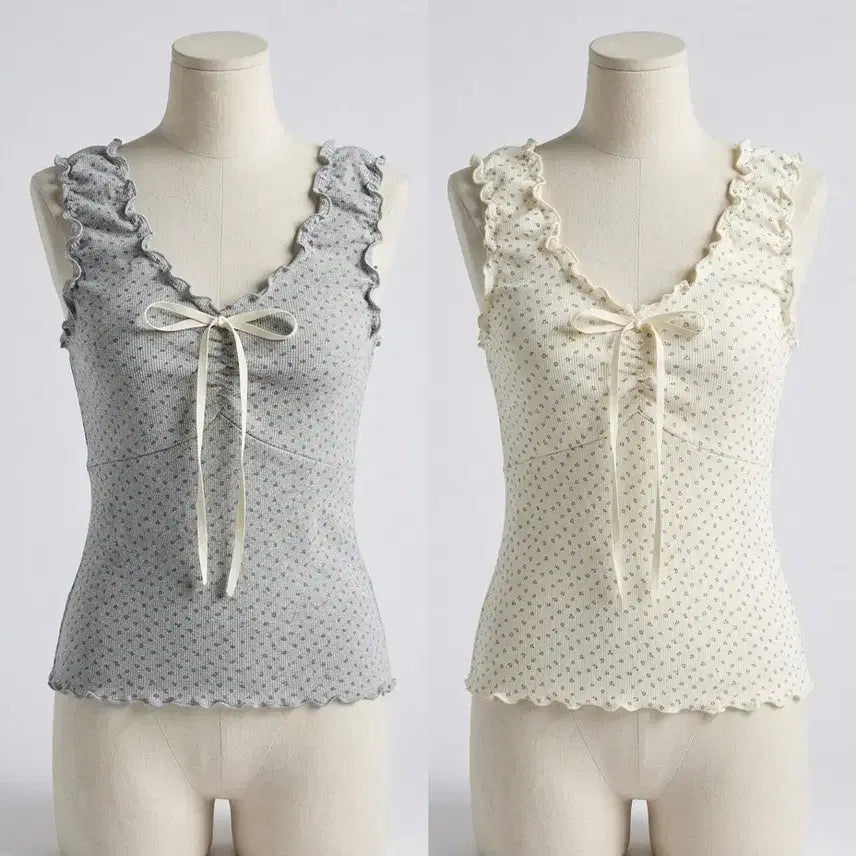 [BUNJANG] Floral Ribbon Frill Cami Top / 잔꽃 리본 프릴 끈 나시티