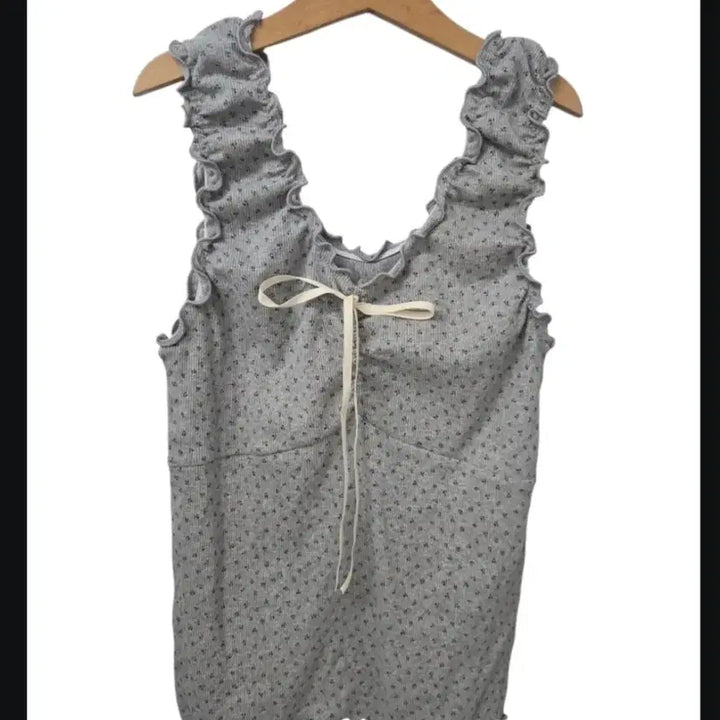 [BUNJANG] Floral Ribbon Frill Cami Top / 잔꽃 리본 프릴 끈 나시티