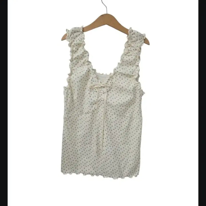 [BUNJANG] Floral Ribbon Frill Cami Top / 잔꽃 리본 프릴 끈 나시티
