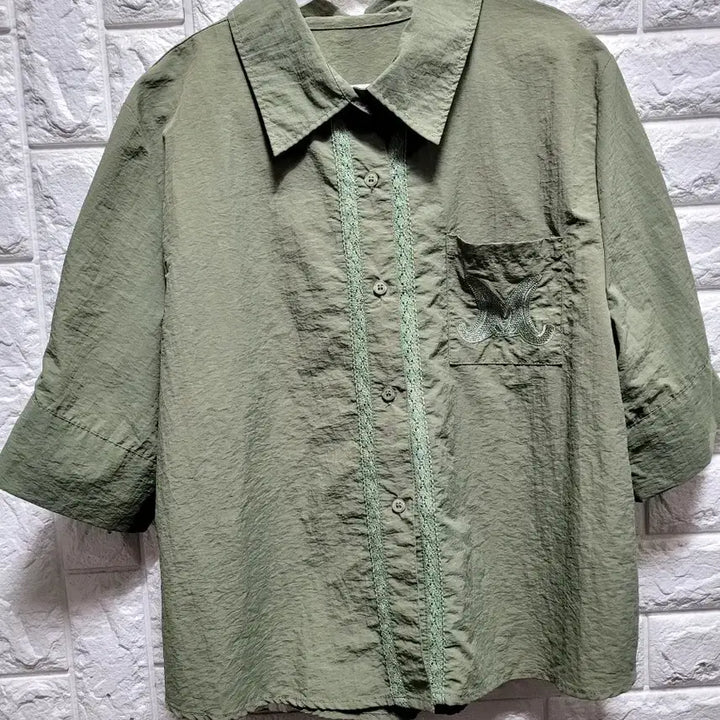 [SOLD OUT] 올리브 그린 레이스 반팔 셔츠