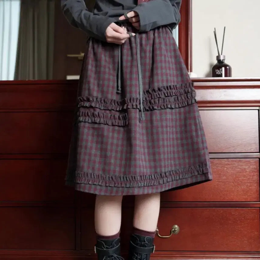 [BUNJANG] Mori Girl Vintage Check Midi Skirt / 모리걸 빈티지 체크 미디 스커트