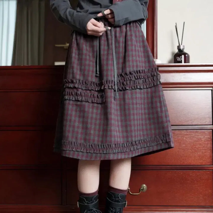 [BUNJANG] Mori Girl Vintage Check Midi Skirt / 모리걸 빈티지 체크 미디 스커트