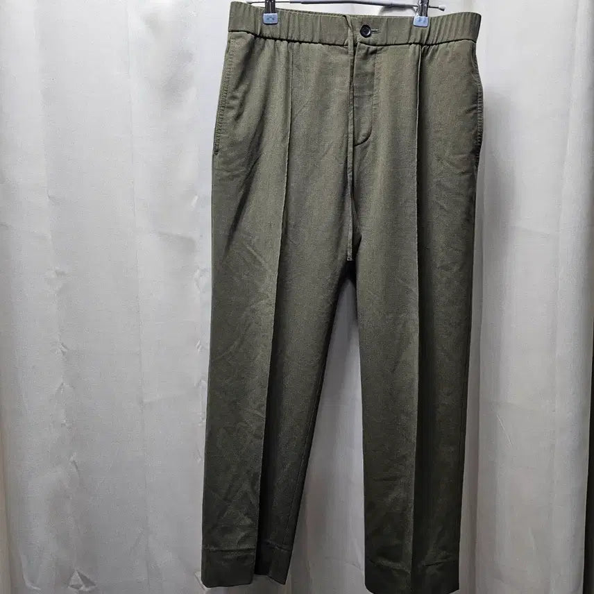 [BUNJANG] TIME Relax Fit Khaki Wool Blend Banding Slacks / [타임] 릴렉스 핏 카키 울 블렌드 밴딩 슬랙스