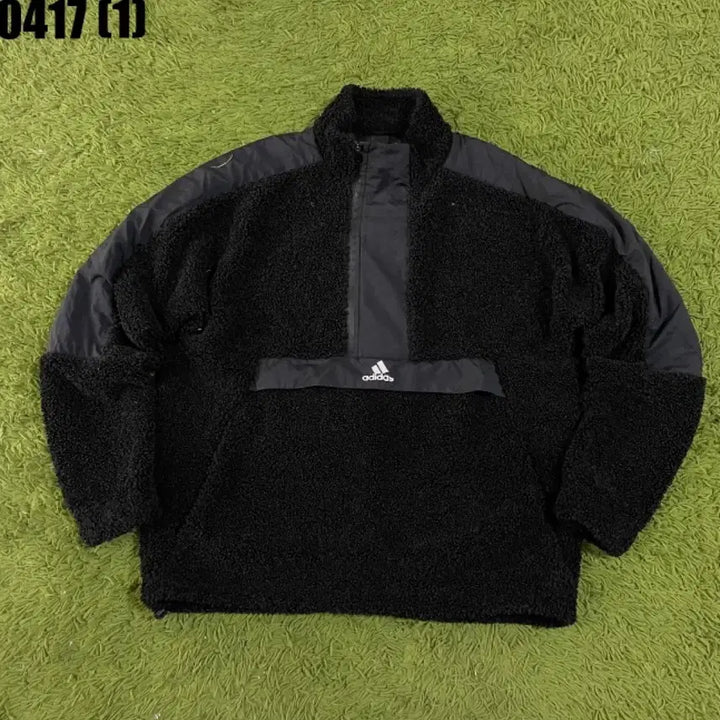 [BUNJANG] Adidas Half-Zip Black Fleece Pullover (L) / 아디다스 반집업 블랙 뽀글이 풀오버 L