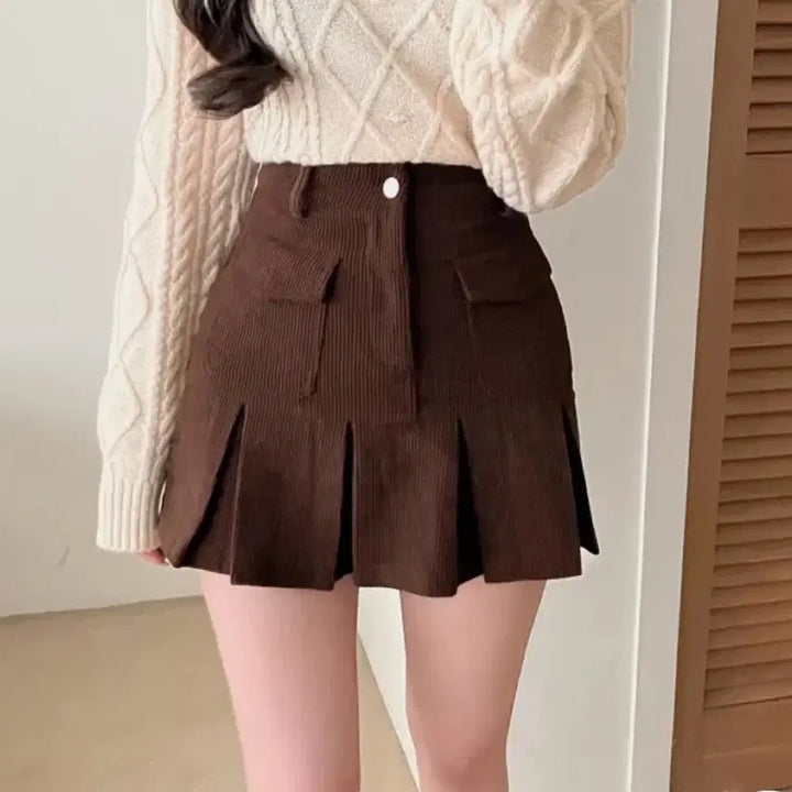 [BUNJANG] Corduroy Pleated Mini Skirt / 코듀로이 플리츠 미니 스커트 브라운