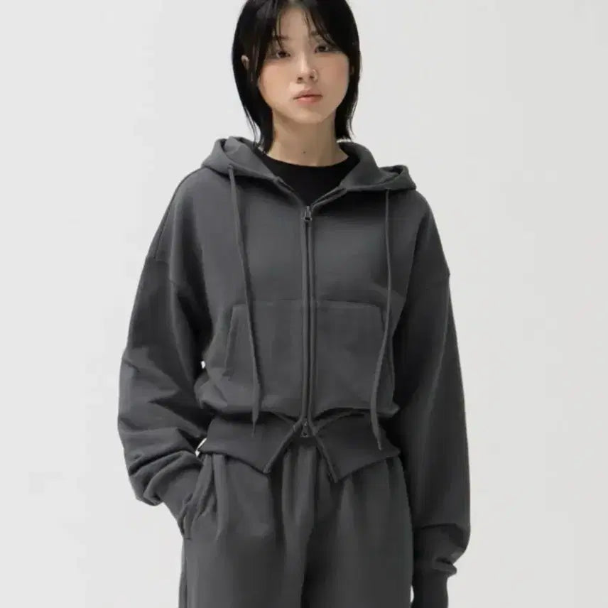[SOLD OUT] 토피 W 2WAY 크롭 스웻 후드 집업 (CHARCOAL)