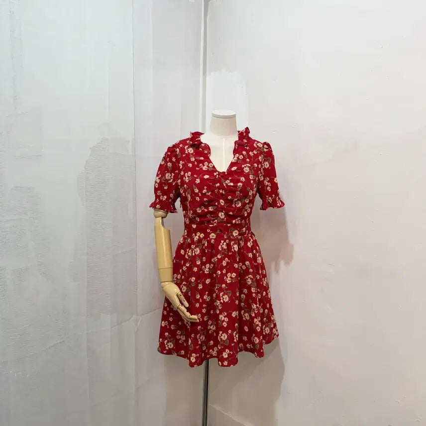 [BUNJANG] S Flower Red Mini Dress / (S)플라워 레드 미니원피스 휴양지원피스 여름원피스 1370