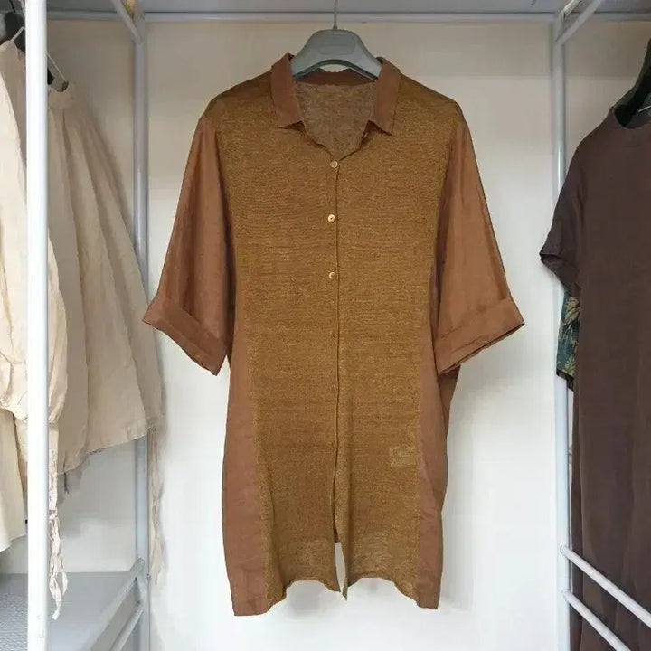 [BUNJANG] ISAE Texture Block French Sleeve Long Blouse / 자연주의 ISAE 이새 텍스쳐블록 프렌치슬리브 롱 블라우스 셔츠