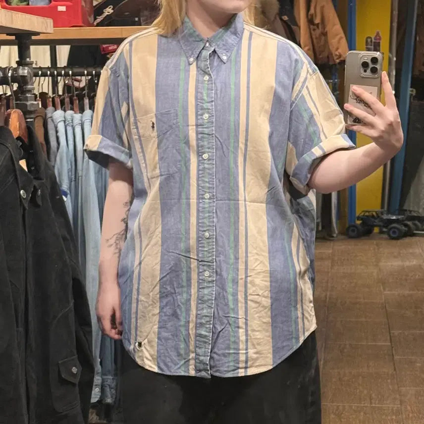 [BUNJANG] Polo Ralph Lauren Striped Short Sleeve Shirt / [HI] 폴로 랄프로렌 반팔셔츠 스트라이프 블루그린