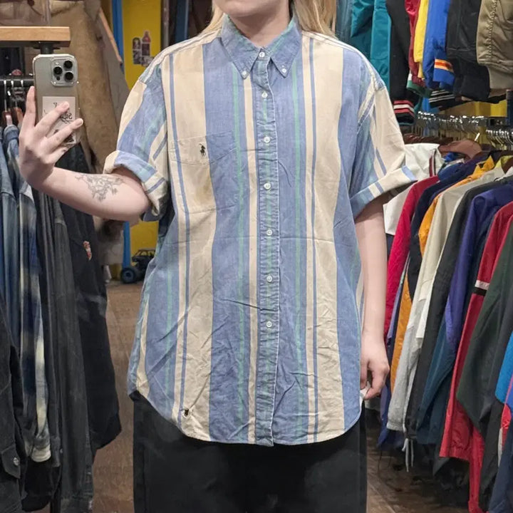 [BUNJANG] Polo Ralph Lauren Striped Short Sleeve Shirt / [HI] 폴로 랄프로렌 반팔셔츠 스트라이프 블루그린