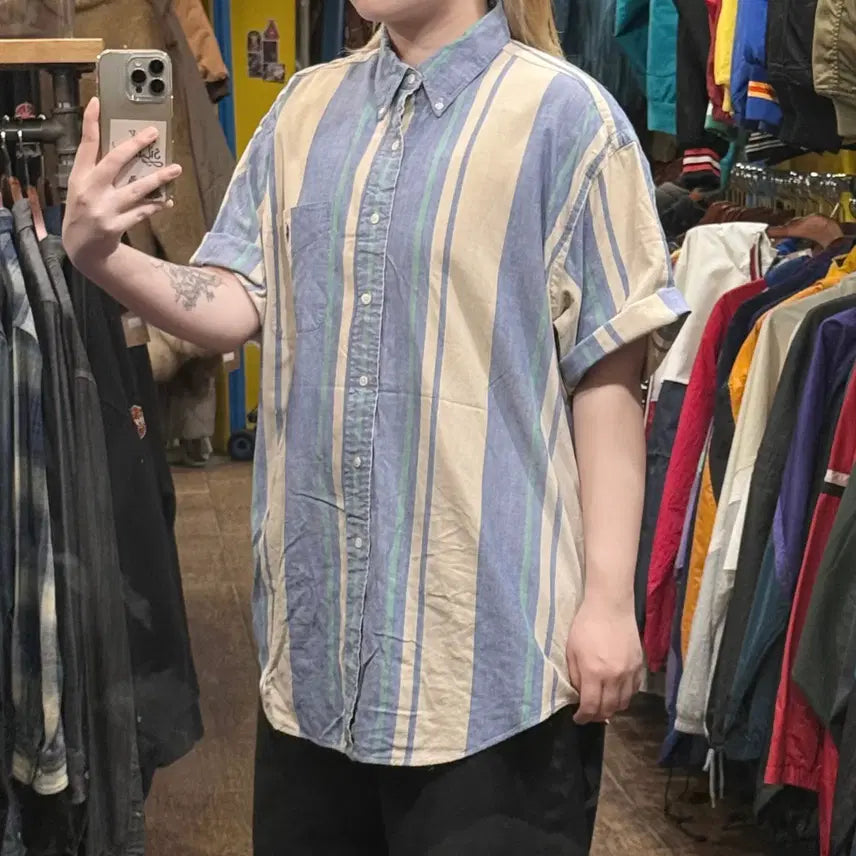 [BUNJANG] Polo Ralph Lauren Striped Short Sleeve Shirt / [HI] 폴로 랄프로렌 반팔셔츠 스트라이프 블루그린