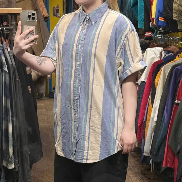 [BUNJANG] Polo Ralph Lauren Striped Short Sleeve Shirt / [HI] 폴로 랄프로렌 반팔셔츠 스트라이프 블루그린