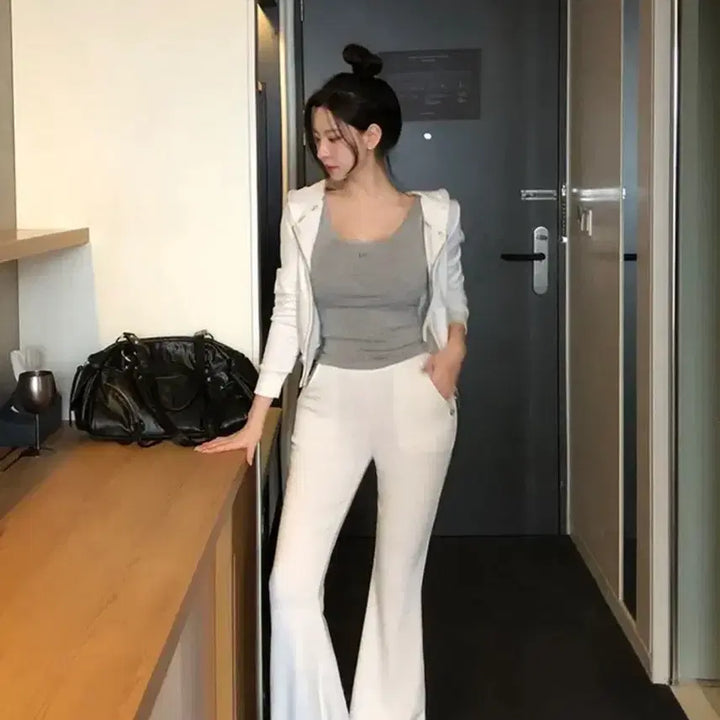 [BUNJANG] Hollie Glenn Training Bootcut Pants / 홀리 글렌 얇은 기모 트레이닝 부츠컷 팬츠 아이보리/블랙 새상품
