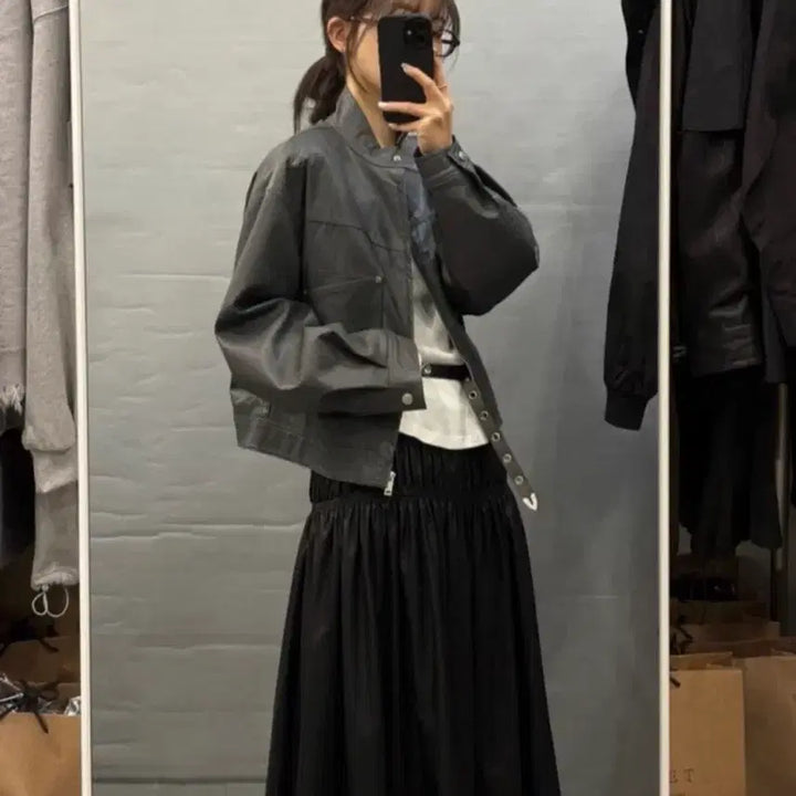 [BUNJANG] Black High-Neck Leather Biker Jacket / 하이넥 블랙 레더 바이커 자켓